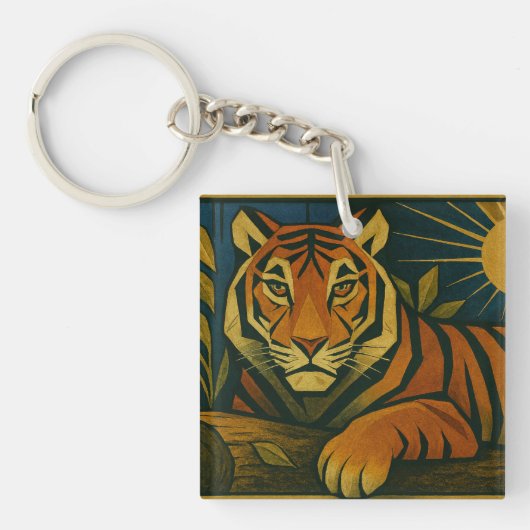 Porte-clés Tigre stylisé dans le cadre ornemental Sunburst (Devant)