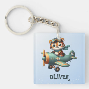 Porte-clés Tigreau Mignon Pilotant un Avion Personnalisé