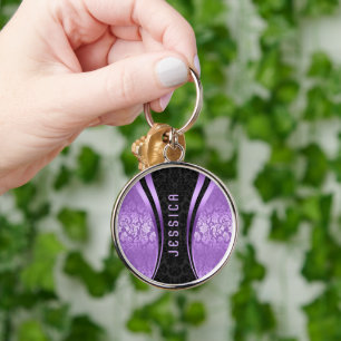 Porte-clés Tons Noir Et Violet Damas Florales