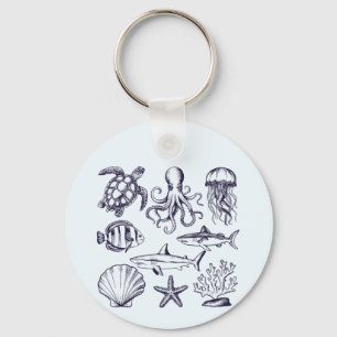 Porte-clés Tortue de plage d'été Poisson Requin Octopus Coqui