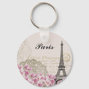 Porte-clés Tour Eiffel Vintage Fleurs roses