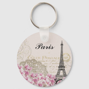 Porte-clés Tour Eiffel Vintage Fleurs roses