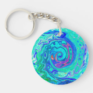 Porte-clés Tourbillon Liquide Bleu et Vert Groovy Abstrait Oc