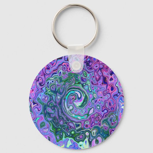 Porte-clés Tourbillon Vert et Violet Abstrait Rétro Groovy (Recto)