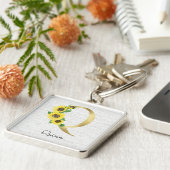 Porte-clés Tournesol Floral Initiale Q Or Monogrammé (Côté)