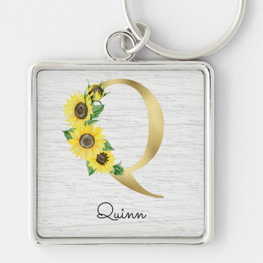 Porte-clés Tournesol Floral Initiale Q Or Monogrammé (Devant)
