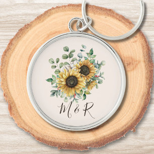 Porte-clés Tournesol rustique vintage à aquarelle monogrammé