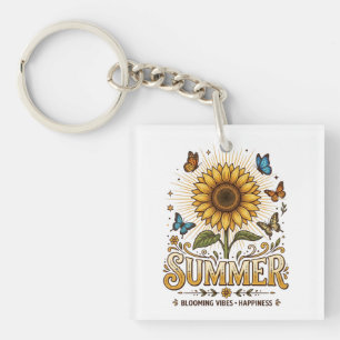 Porte-clés Tournesol vibrant en fleurs avec papillons l'été