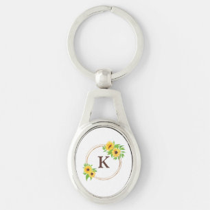 Porte-clés Tournesols Monogramme Cadre Doré Feuilles Vertes R