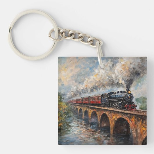 Porte-clés Train à vapeur sur un pont - Peinture à l'huile (Devant)