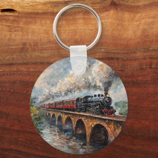 Porte-clés Train à vapeur sur un pont - Peinture à l'huile (Verso)