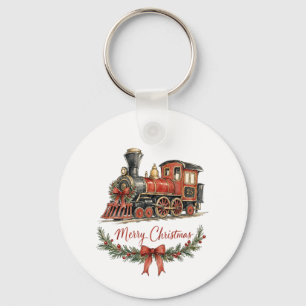 Porte-clés Train de Noël à l'aquarelle avec couronne