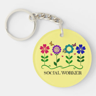 Porte-clés Travailleur social...Fleurs, Coeurs et Papillons.