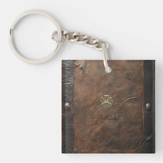 Porte-clés Trèfle doré Saint-Patrick, Cuir marron (Devant)
