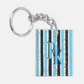 Porte-clés Trendy Blue Stripe Gold Parties scintillant Monogr (Devant gauche)