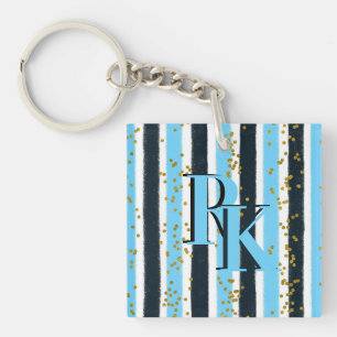 Porte-clés Trendy Blue Stripe Gold Parties scintillant Monogr