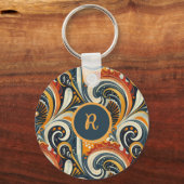 Porte-clés Trendy Hip Retro Orange Deep Teal Swirls Monogram  (Verso)