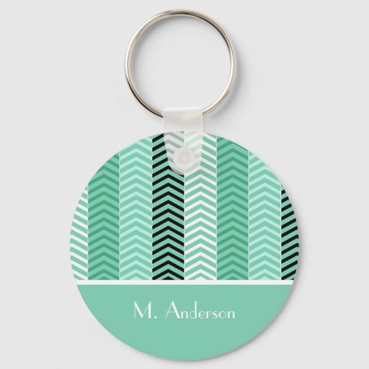 Porte-clés Trendy Mint Green Chevron Stripes Avec Nom (Recto)