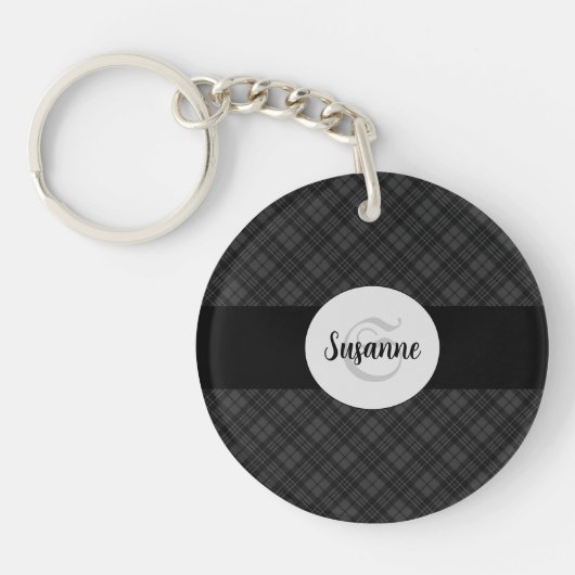 Porte-clés Trendy noir blanc tartan Personnaliser Monogramme (Devant)