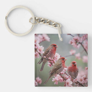 Porte-clés "Trio écarlate : Pinsons rouges parmi les fleurs r