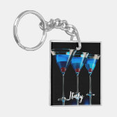 Porte-clés Trois cocktails bleus avec cerise sur noir (Devant gauche)