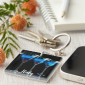 Porte-clés Trois cocktails bleus avec cerise sur noir (Devant Droit)