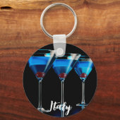 Porte-clés Trois cocktails bleus avec cerise sur noir (Recto)