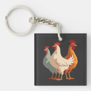 Porte-clés Trois poules françaises Rétro découpage milieu du 