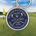 Porte-clés Trou de golf personnalisé en bleu marine<br><div class="desc">Personalize the name,  location hole number and date to create a great keepsake to celebrate that fantastique c hole in one. Designed by Thisisnotme</div>