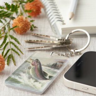 Porte-clés Truite arc-en-ciel, pêcheur de poissons vintage pê