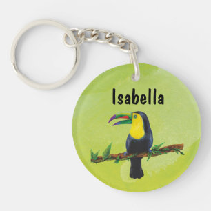 Porte-clés Tucan exotique à fond aquarel vert