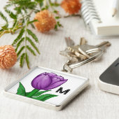 Porte-clés Tulipe violette peinte à la main Monogram (Côté)