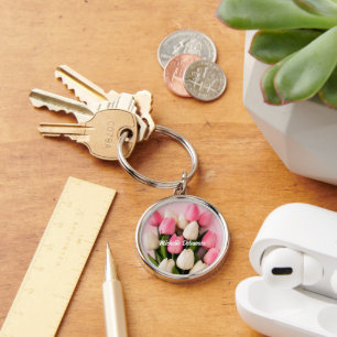 Porte-clés Tulipes Nom Personnalisé sur Fond Rose