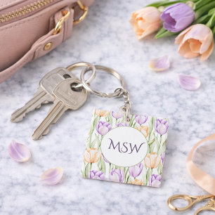Porte-clés Tulipes pastel pêche violet Monogramme floral de p