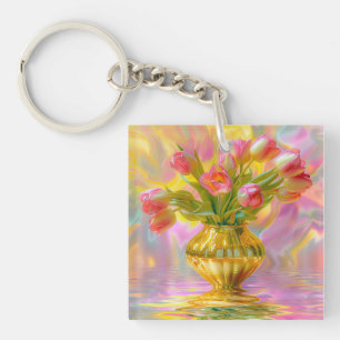 Porte-clés Tulipes roses vibrantes dans le Vase d'or