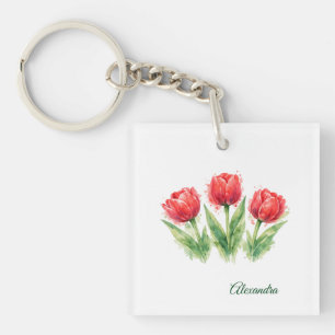 Porte-clés Tulipes rouges aquarelles personnalisées