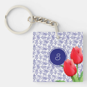 Porte-clés Tulipes rouges élégantes Monogramme bleu floral de