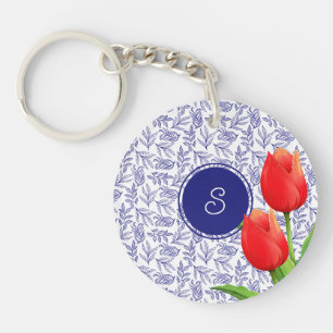 Porte-clés Tulipes rouges élégantes Monogramme bleu floral de