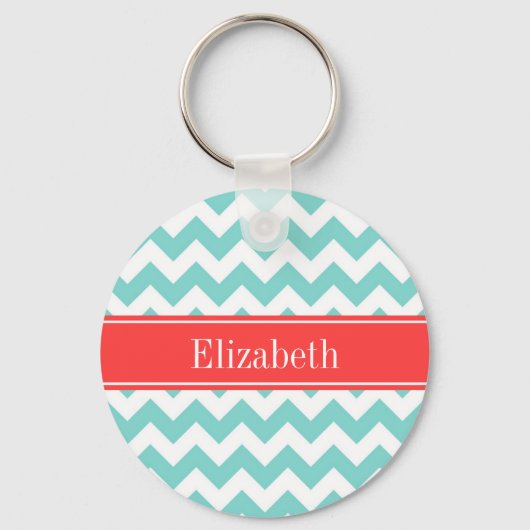 Porte-clés Turq / Aqua Wht Chevron Coral Nom rouge Monogramme (Recto)