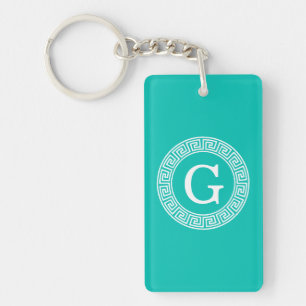Porte-clés Turquoise Blanc Clé grecque Cadre Ronde Monogramme