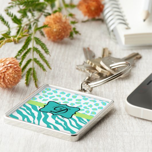 Porte-clés Turquoise Blanc Vert Zèbre Léopard Monogramme de p (Côté)