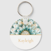 Porte-clés Turquoise bleu or Floral Mandala Personnalisé (Verso)