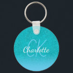Porte-clés Turquoise bleu parties scintillant aqua vert monog<br><div class="desc">Un arrière - plan turquoise,  bleu vert parties scintillant dégradé. Personnalisez et ajoutez un nom et des lettres monographiques. Un script de style moderne en lettres manuscrites,  en lettres blanches et bleues</div>