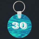 Porte-clés Turquoise Blue Waves Abstrait 30e anniversaire Cad<br><div class="desc">Conçu avec des motifs turquoises à ondes bleues abstrait et modèle texte pour l'âge "30" que vous pouvez modifier!</div>
