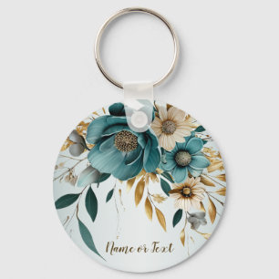 Porte-clés Turquoise Fleur Blanche Feuilles Dorées Élégant