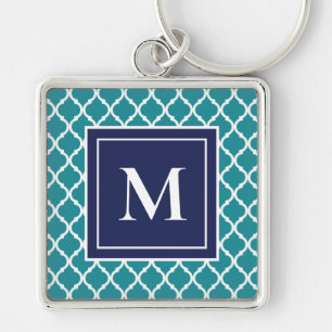 Porte-clés Turquoise Navy Moderne Monogramme Quatrefeuilles C