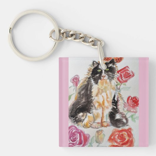 Porte-clés Tuxedo Chat Cute Rose Fleurs Chats Aquarelle Rose (Devant)