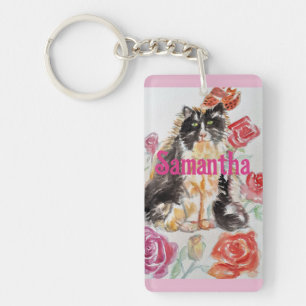 Porte-clés Tuxedo Chat Cute Rose Fleurs Chats Nom Rose