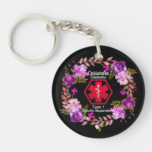 Porte-clés Type 1 vigilant Médicale floral diabétique