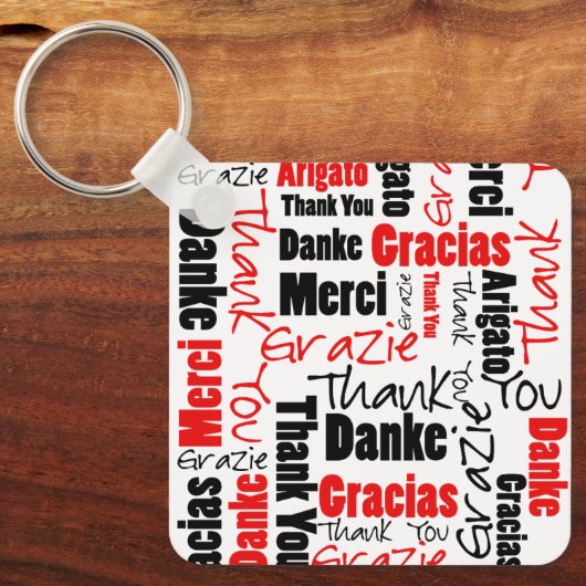 Porte-clés Typographie "Merci" multilingue noire rouge (Recto)